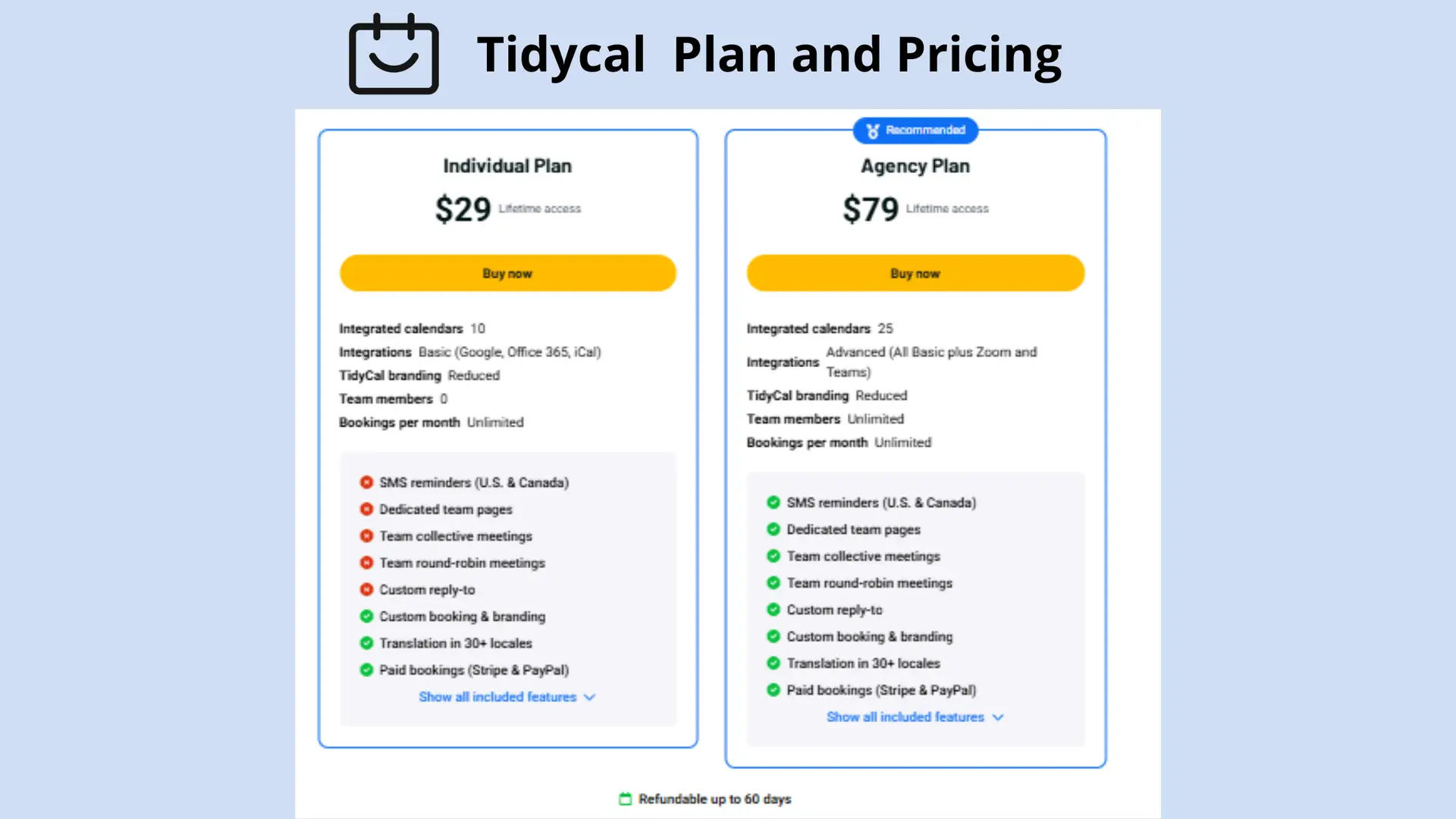 Tidycal Plan and Pricing